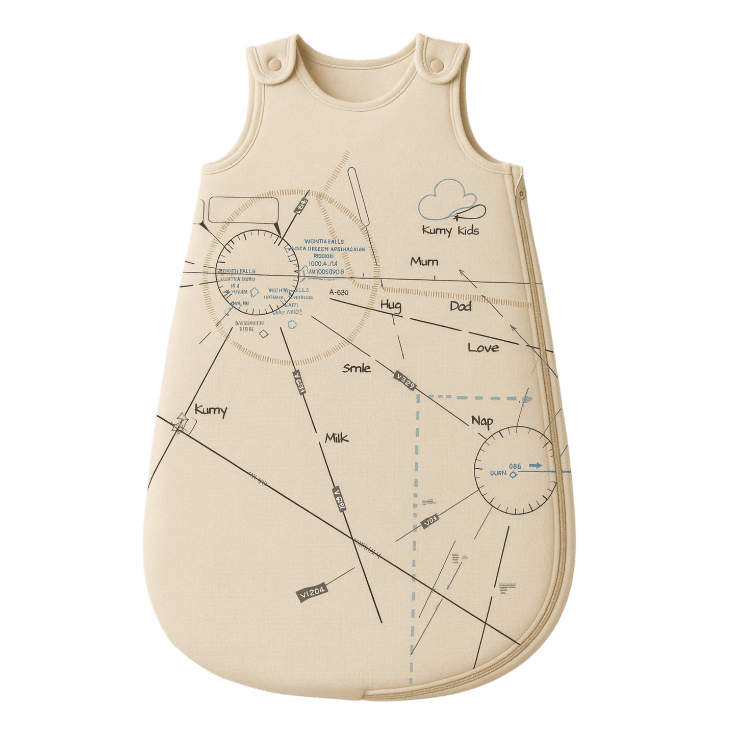 Beige baby sleeping bag with printed aviation design