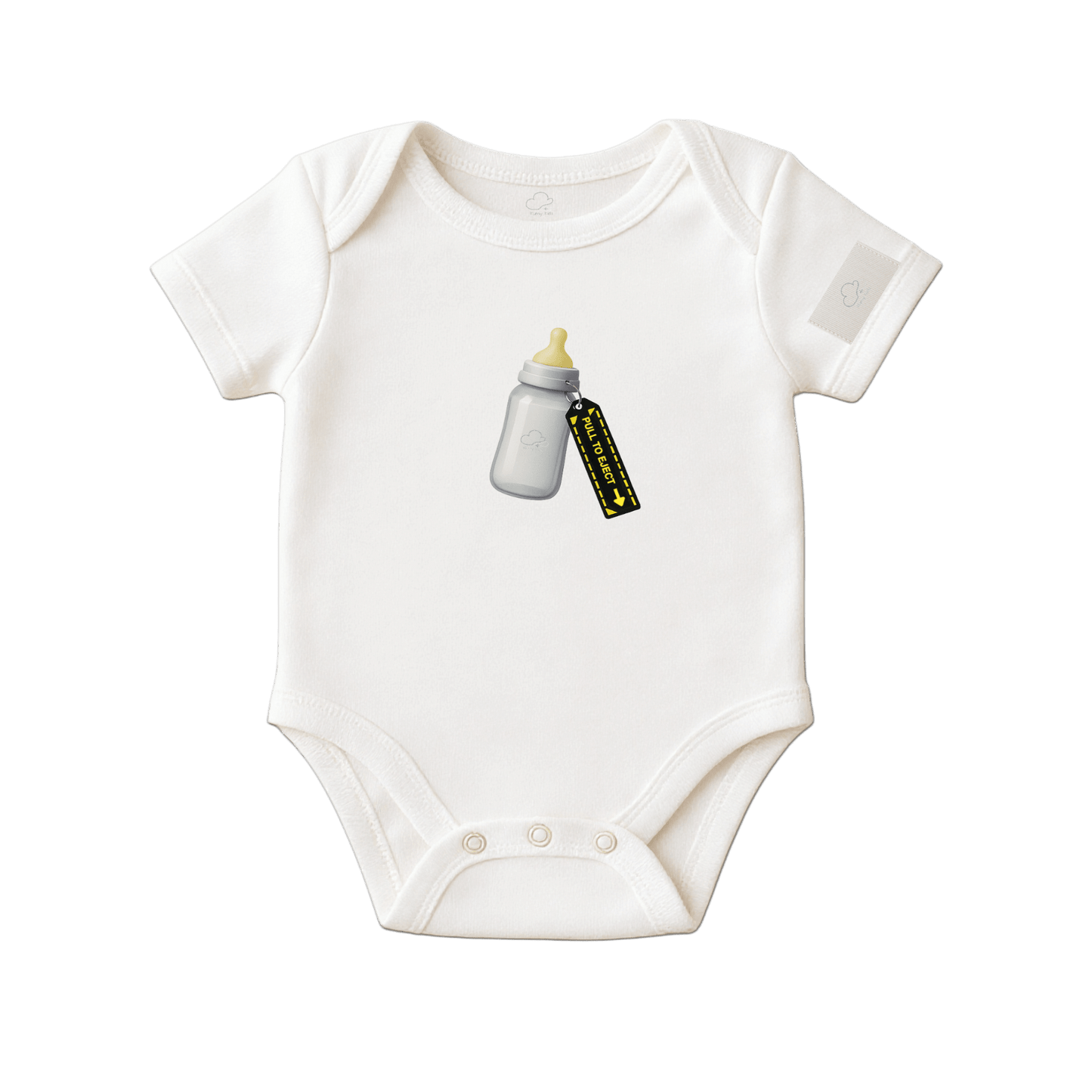 White baby onesie with a graphic of a baby bottle and pacifier