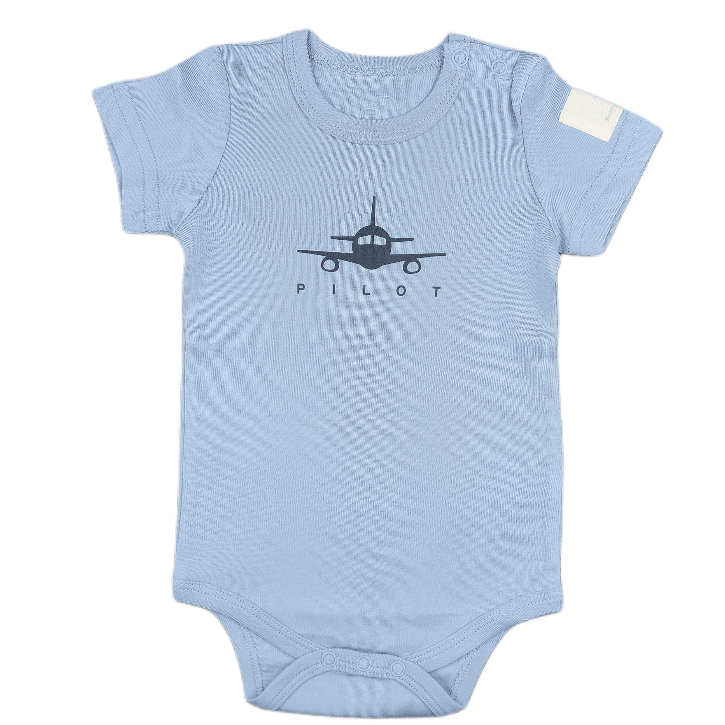 Aviation baby onesie, steel blue short sleeve with pilot print – Kumy Kids