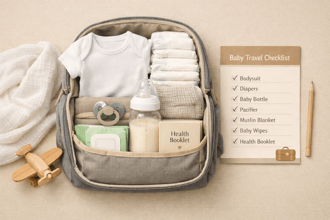 Organized baby travel bag with essentials including white bodysuit, diapers, muslin blanket, pacifier and baby bottle next to printed checklist