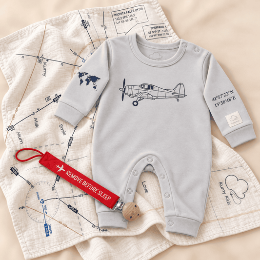 A baby long-sleeve footless romper in light gray with a navy airplane graphic and coordinates on the front, styled on a cream-colored printed muslin blanket with a red 'Remain Before Sleep' keychain.