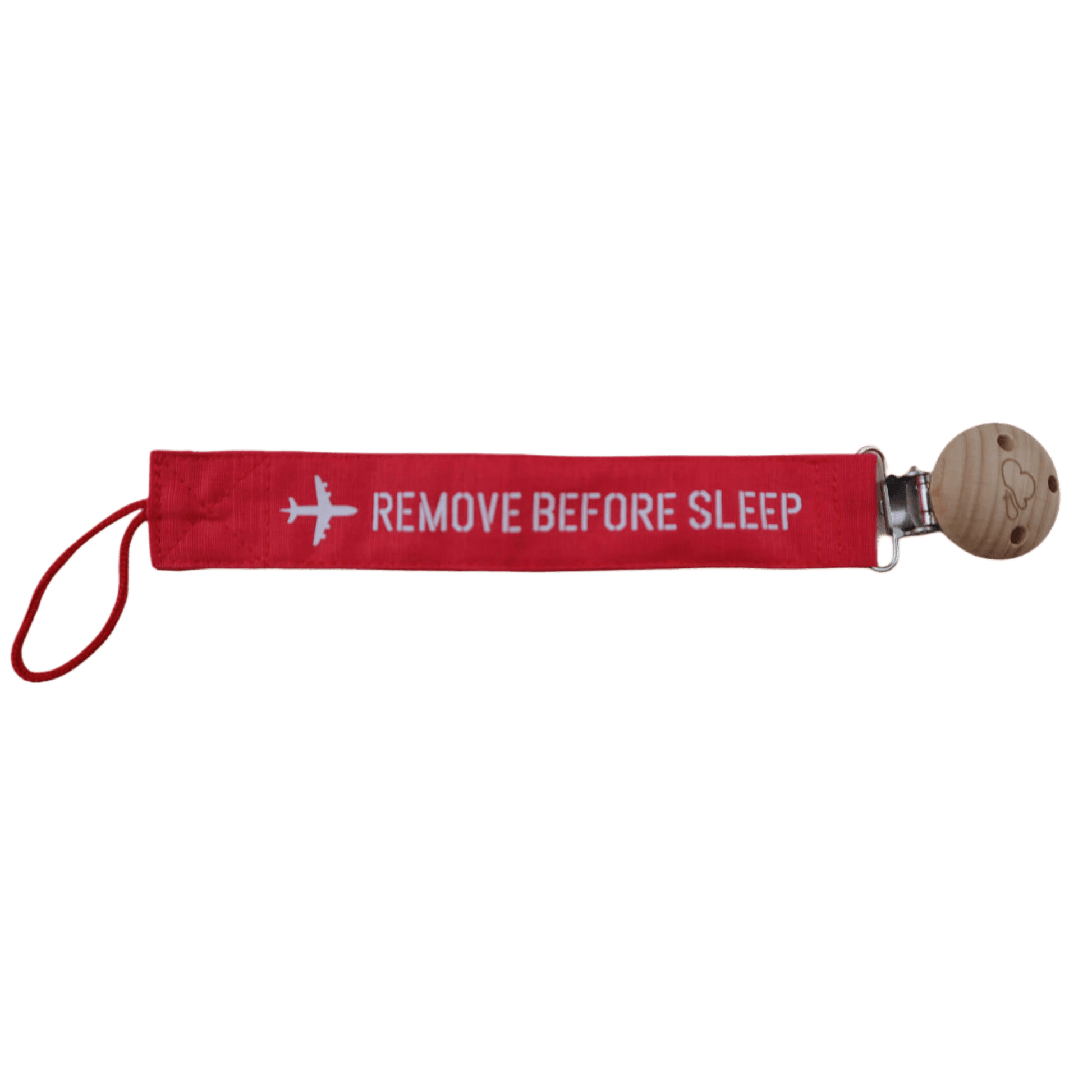Red Remove Before Sleep baby pacifier clip, full strap view