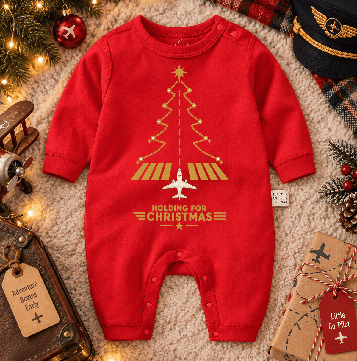 Pelele Navideño Rojo para Bebé – Diseño Aviation Runway Tree