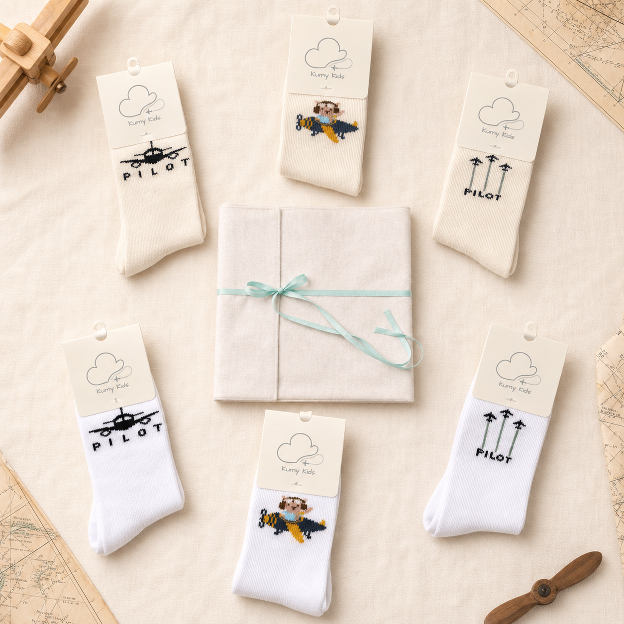 Baby socks bundle with Kumy Kids gift bag and aviation-inspired newborn accessories