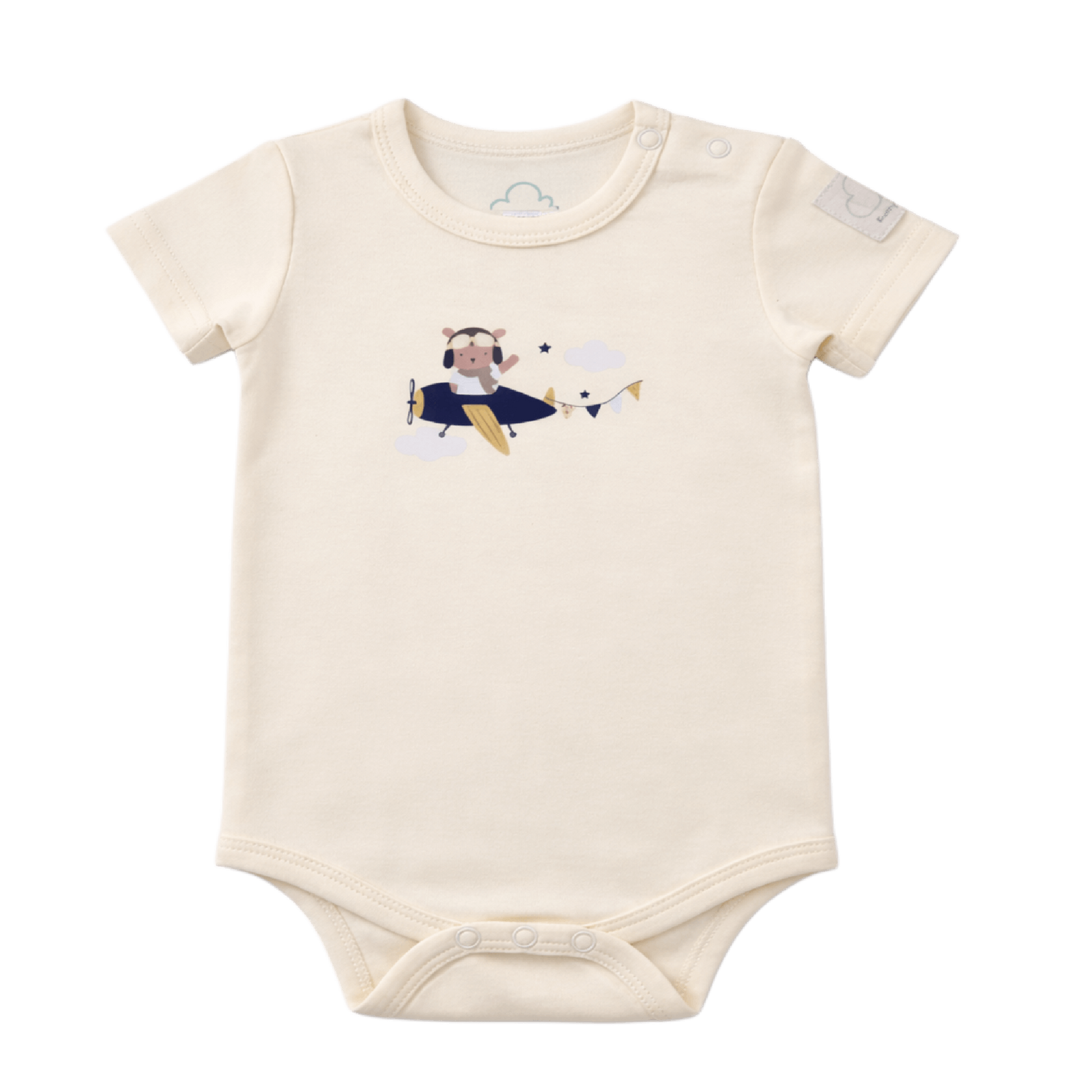 Beige baby onesie with cartoon airplane design