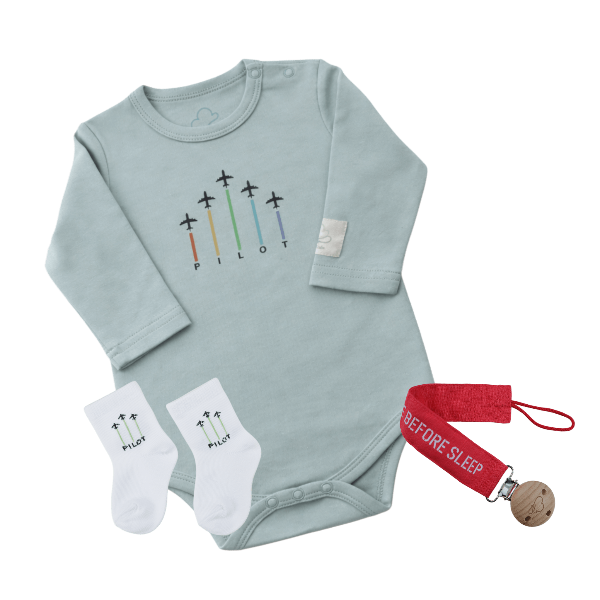 Baby onesie with airplane design, socks, and pacifier clip