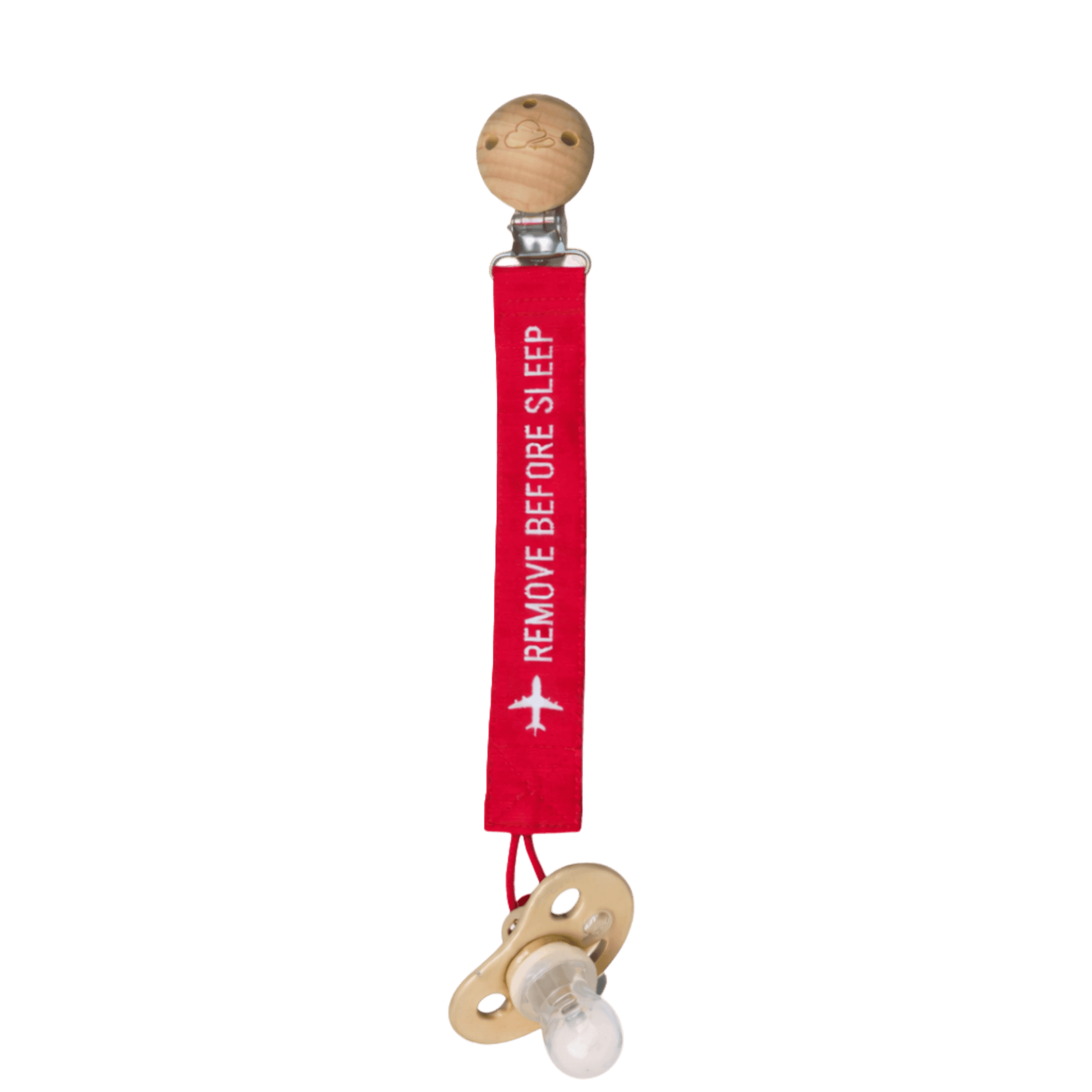 Aviation baby pacifier clip, red Remove Before Sleep strap – Kumy Kids