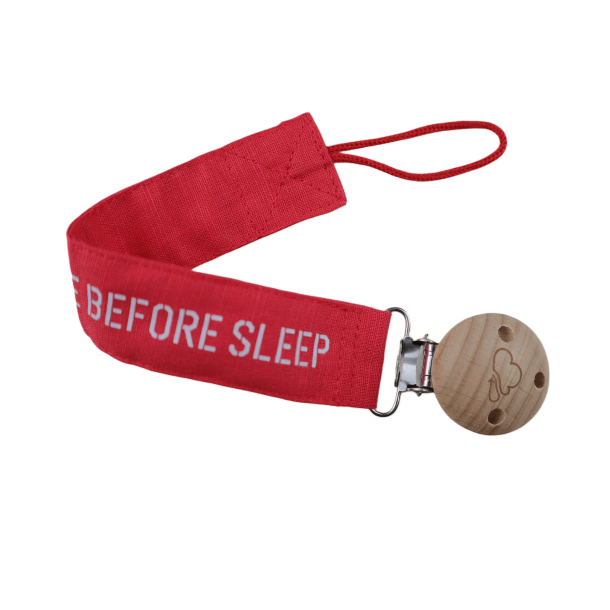 Red Remove Before Sleep baby pacifier clip, strap and clasp close-up