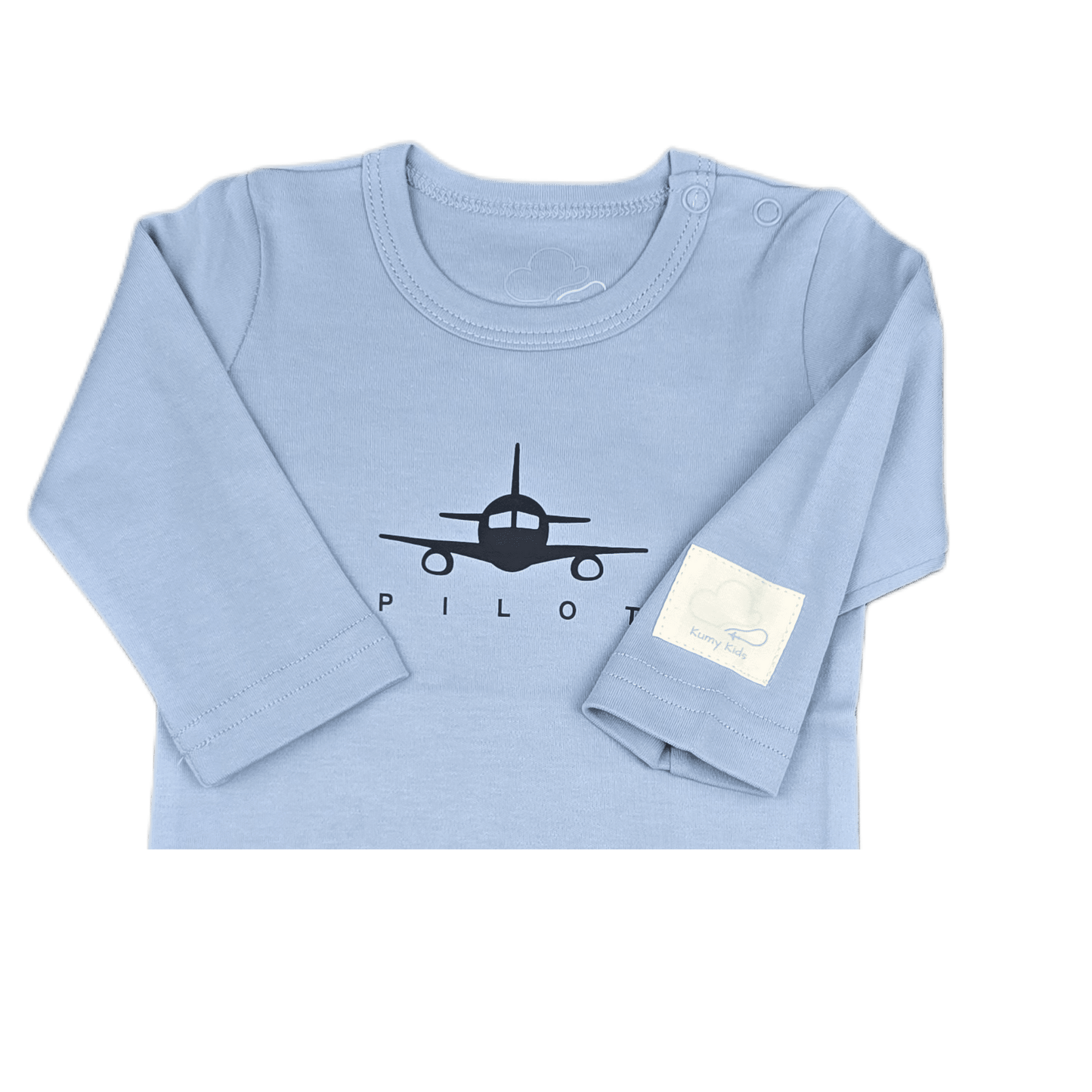 Light blue long-sleeve shirt with airplane graphic and 'Pilot' close up