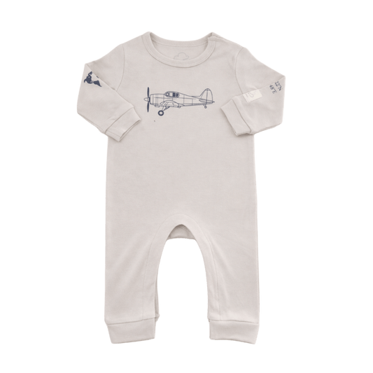 Grey baby onesie with airplane design