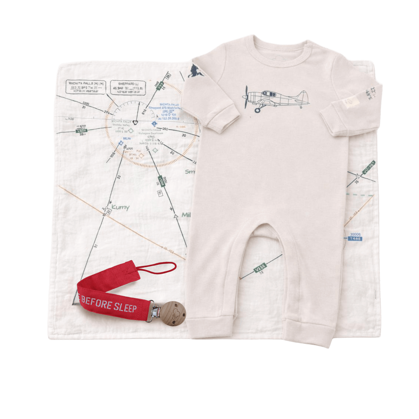 ROMPER ND AVIATION MUSLIN WITH RED REMOVE BEFORE SLEEP PACIFIER CLIP