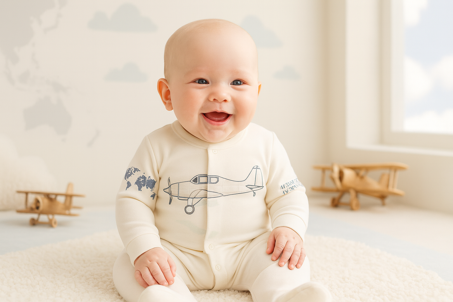 Baby wearing a onesie with airplane design in a room with wooden toys.