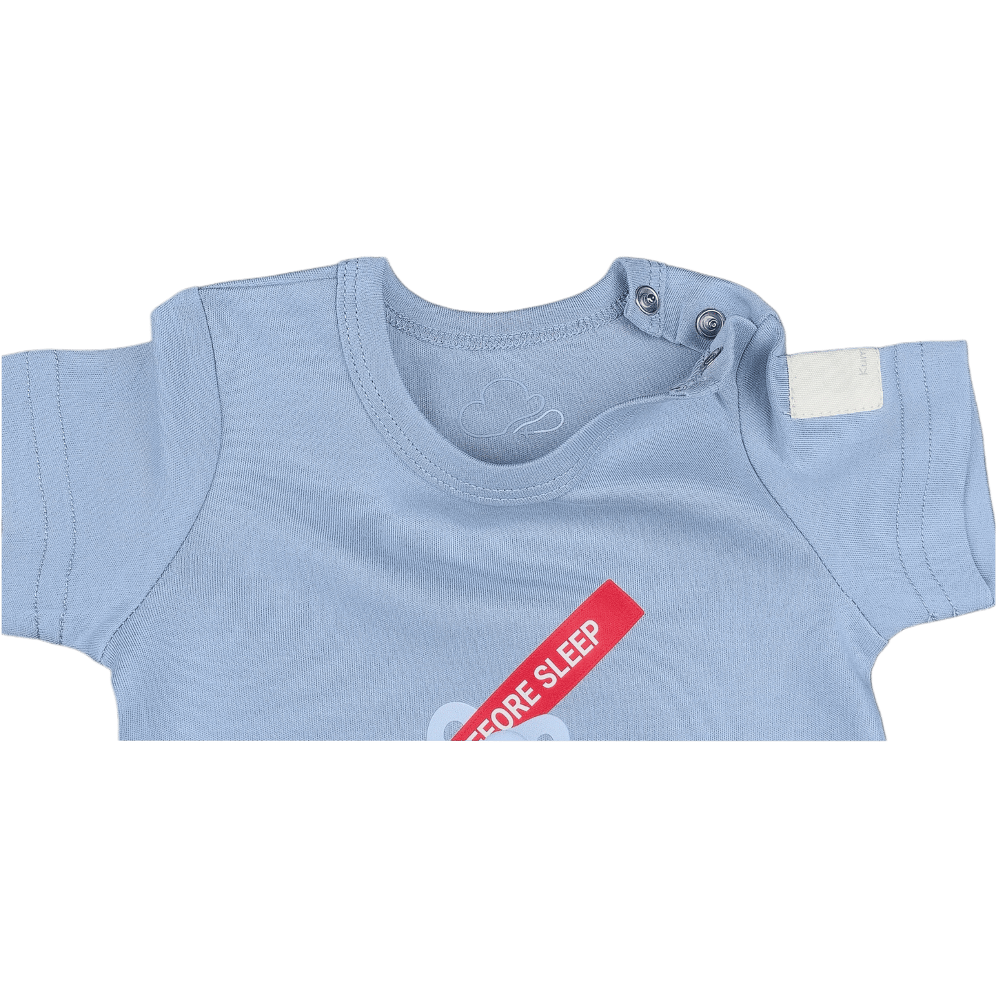 Steel blue baby onesie with a red 'Before Sleep' label over the chest