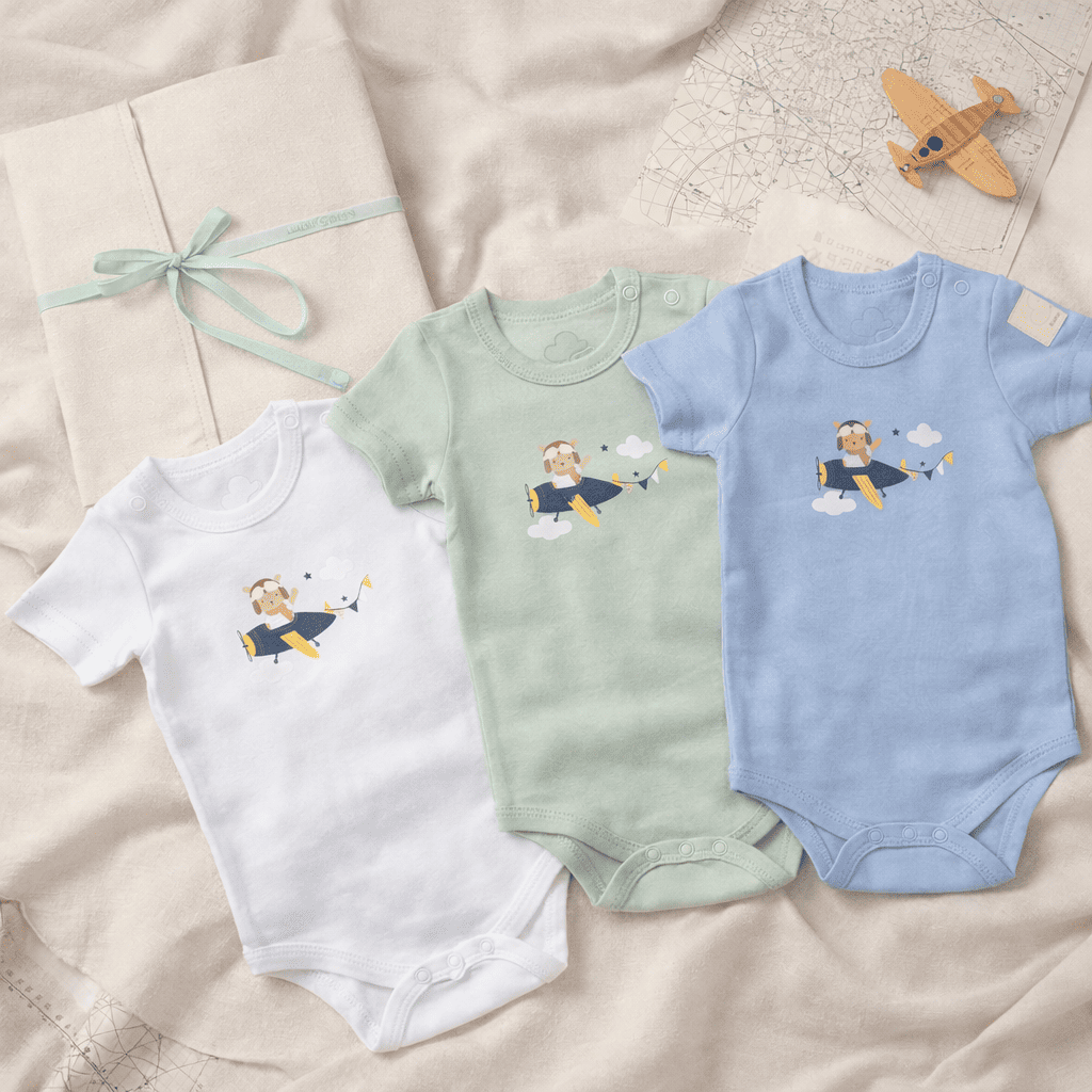Three baby bodysuits in white, green, and blue with airplane design on a neutral background.