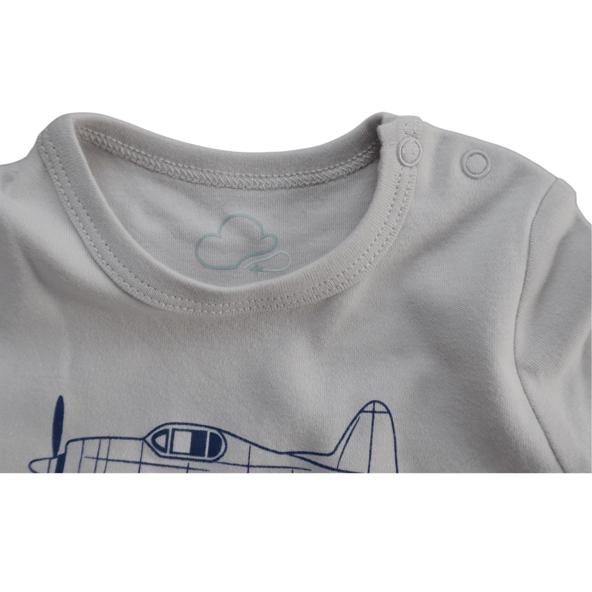 Aviation baby romper, grey long sleeve front view with map print – Kumy Kids