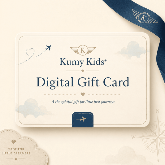 A digital gift card design for Kumy Kids, shown as a cream-colored rectangular card with navy blue text and travel-themed illustrations, including clouds, airplanes, and a compass rose. A navy blue ribbon with a winged 'K' logo is draped in the top right corner, and a small cloud badge reading 'Made for Little Dreamers' appears in the bottom left.