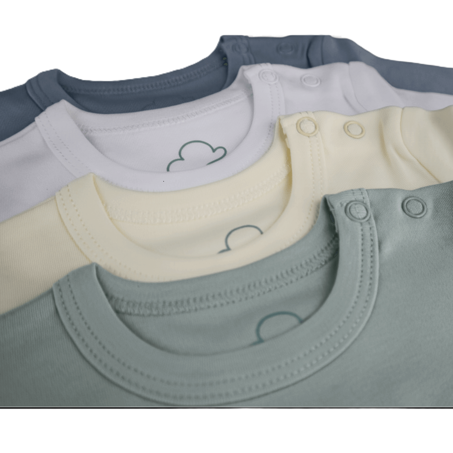 Stack of baby rompers in blue, white, beige and sage green with airplane design