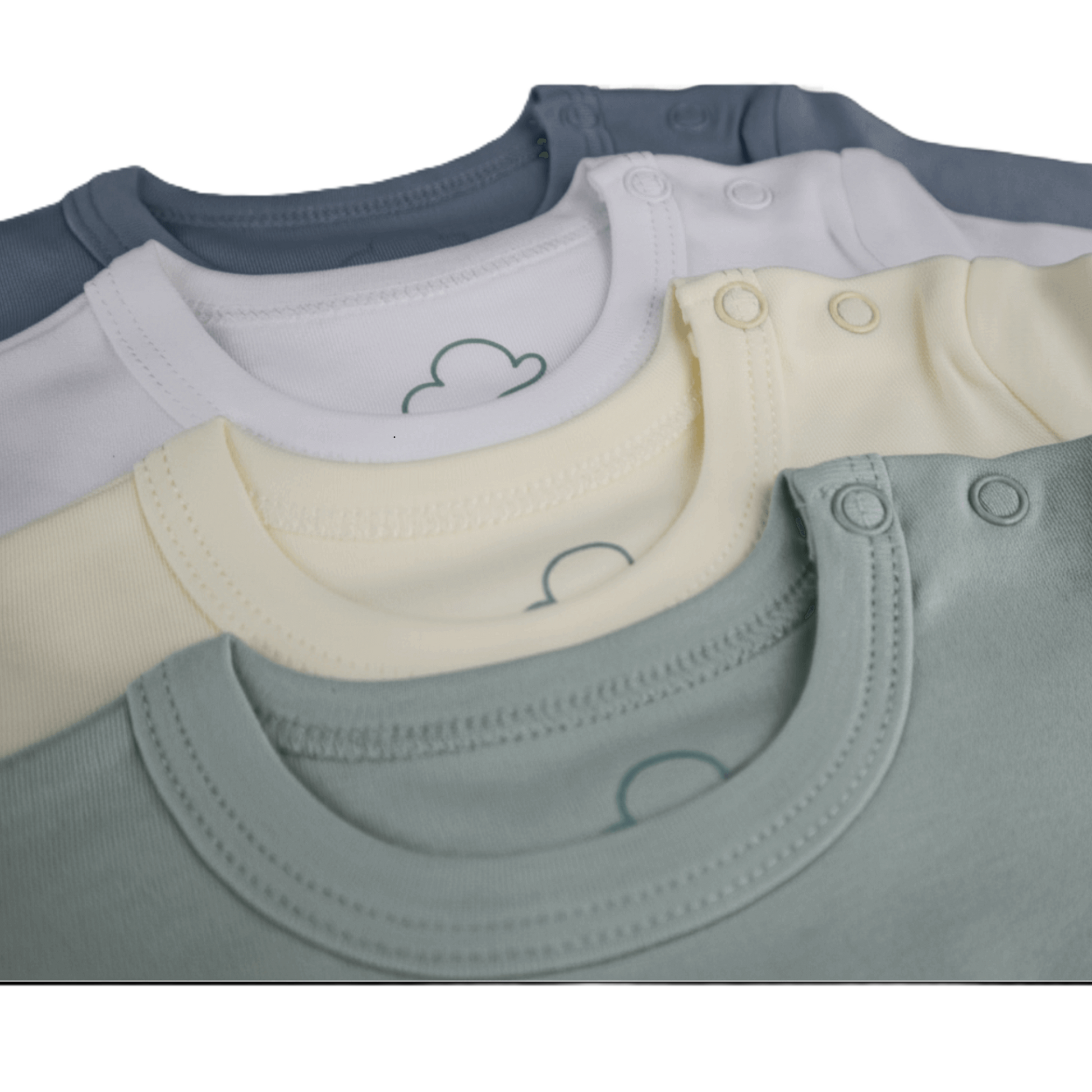 Stack of baby rompers in blue, white, beige and sage green with airplane design