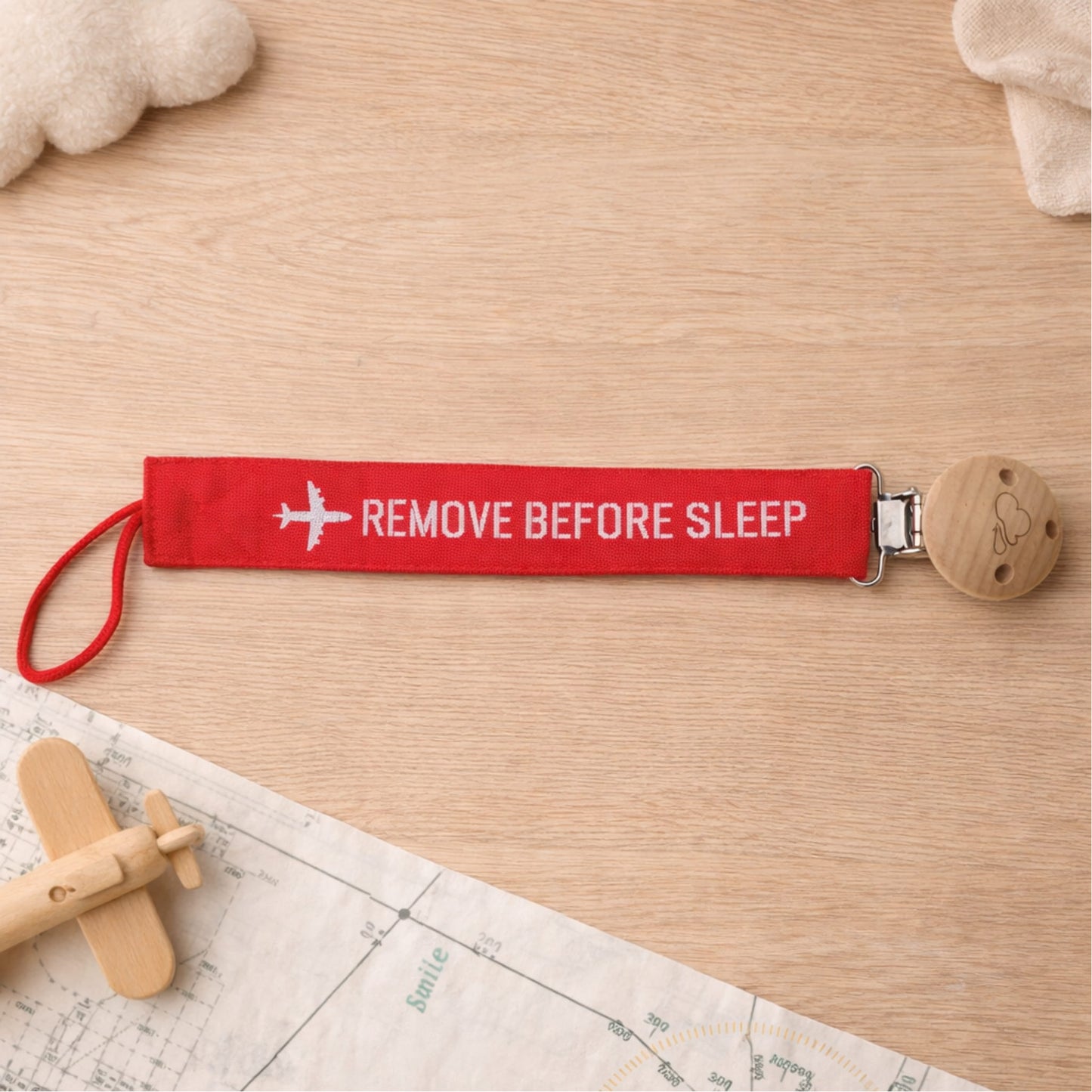 Chupetero Bebé Remove Before Sleep - Rojo Clip Madera Diseño Italiano 21cm