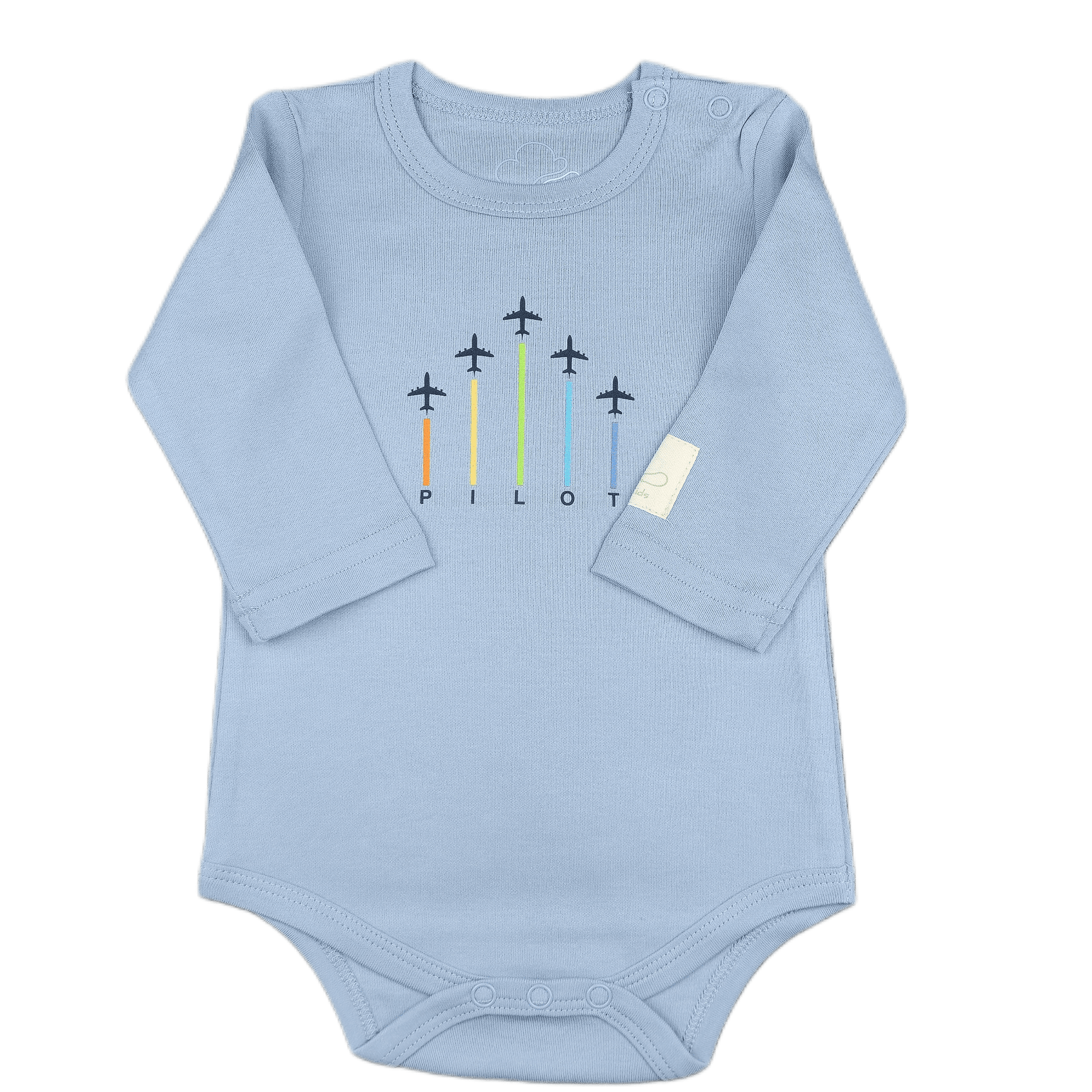 Steel blue baby onesie with airplane design and 'Pilot' graphic over the chest