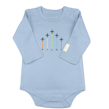 Steel blue baby onesie with airplane design and 'Pilot' graphic over the chest