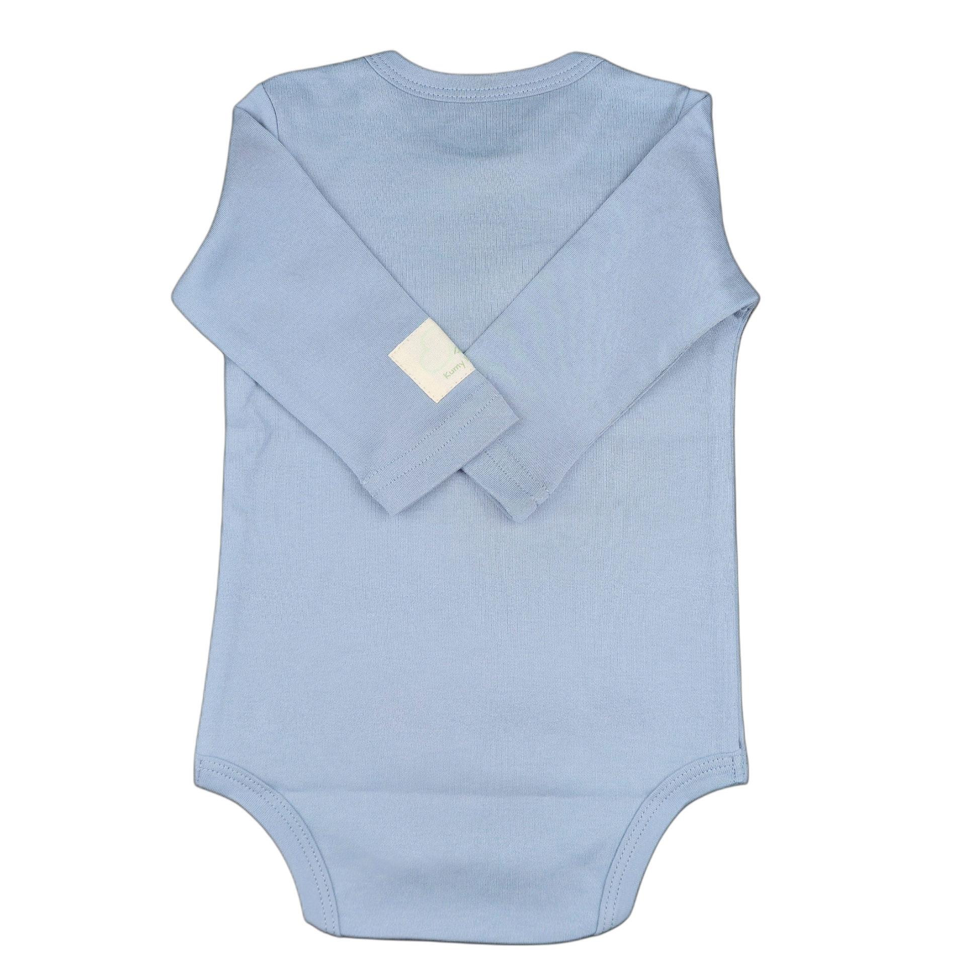 Light blue baby bodysuit with long sleeves showing back view