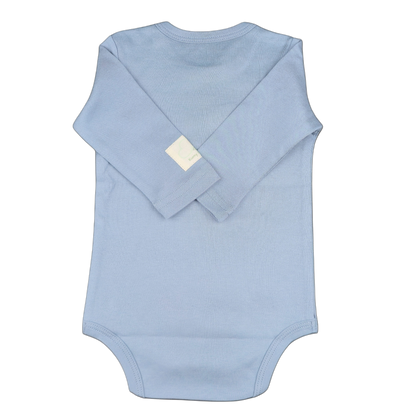 Light blue baby bodysuit with long sleeves showing back view
