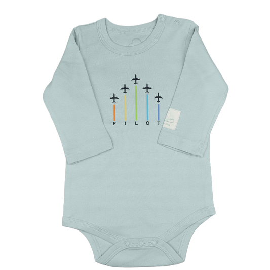 Sage Green baby onesie with airplane graphic and 'Pilot' graphic over the chest