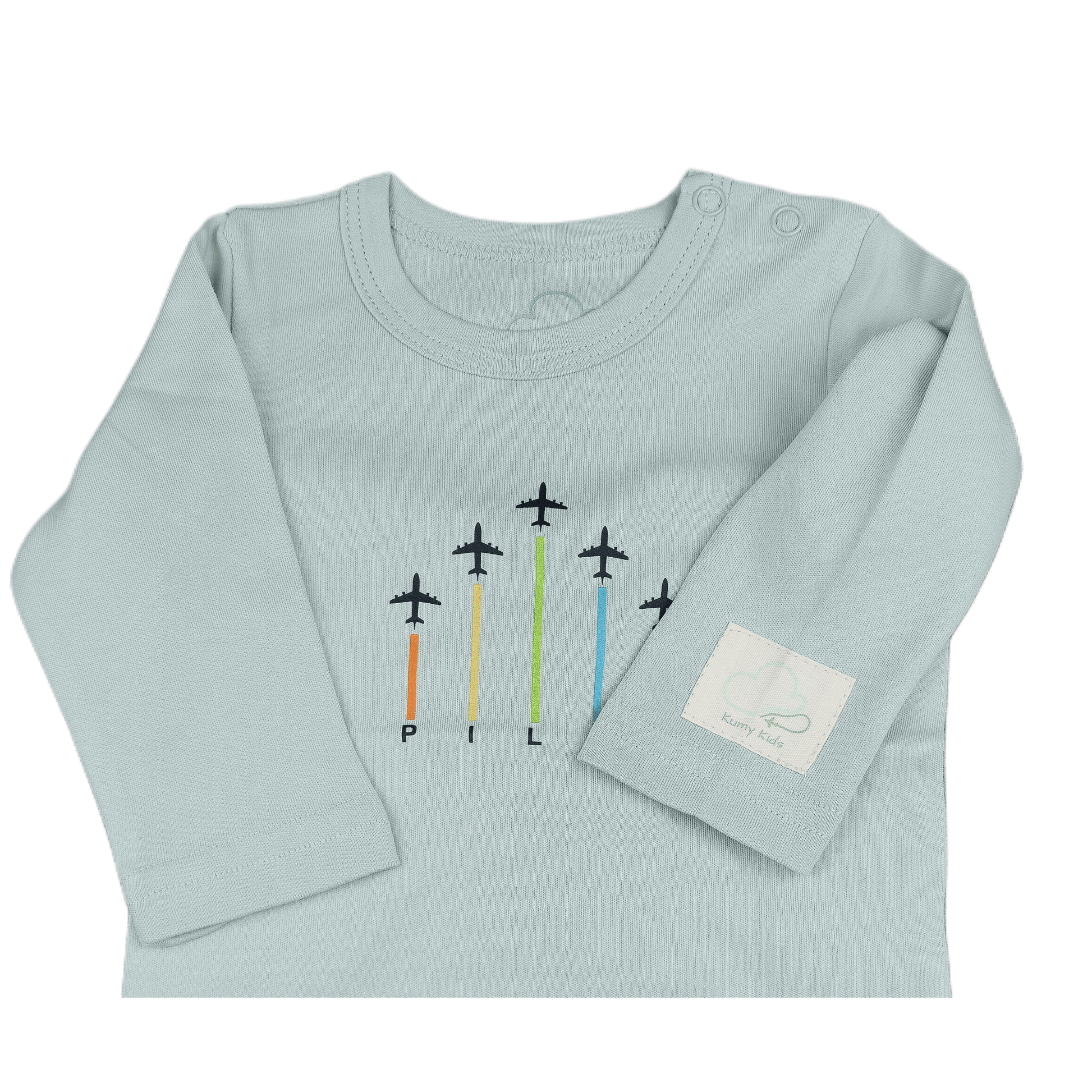 Sage green long sleeve baby onesie with a graphic close up