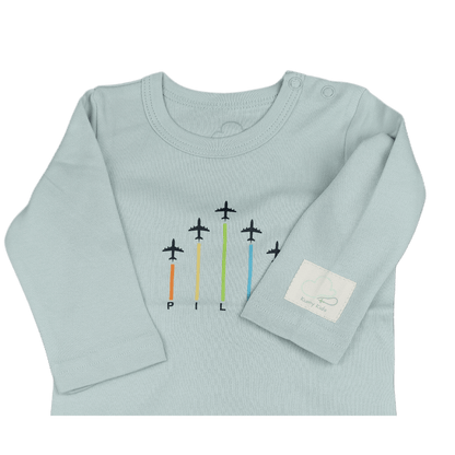 Sage green long sleeve baby onesie with a graphic close up