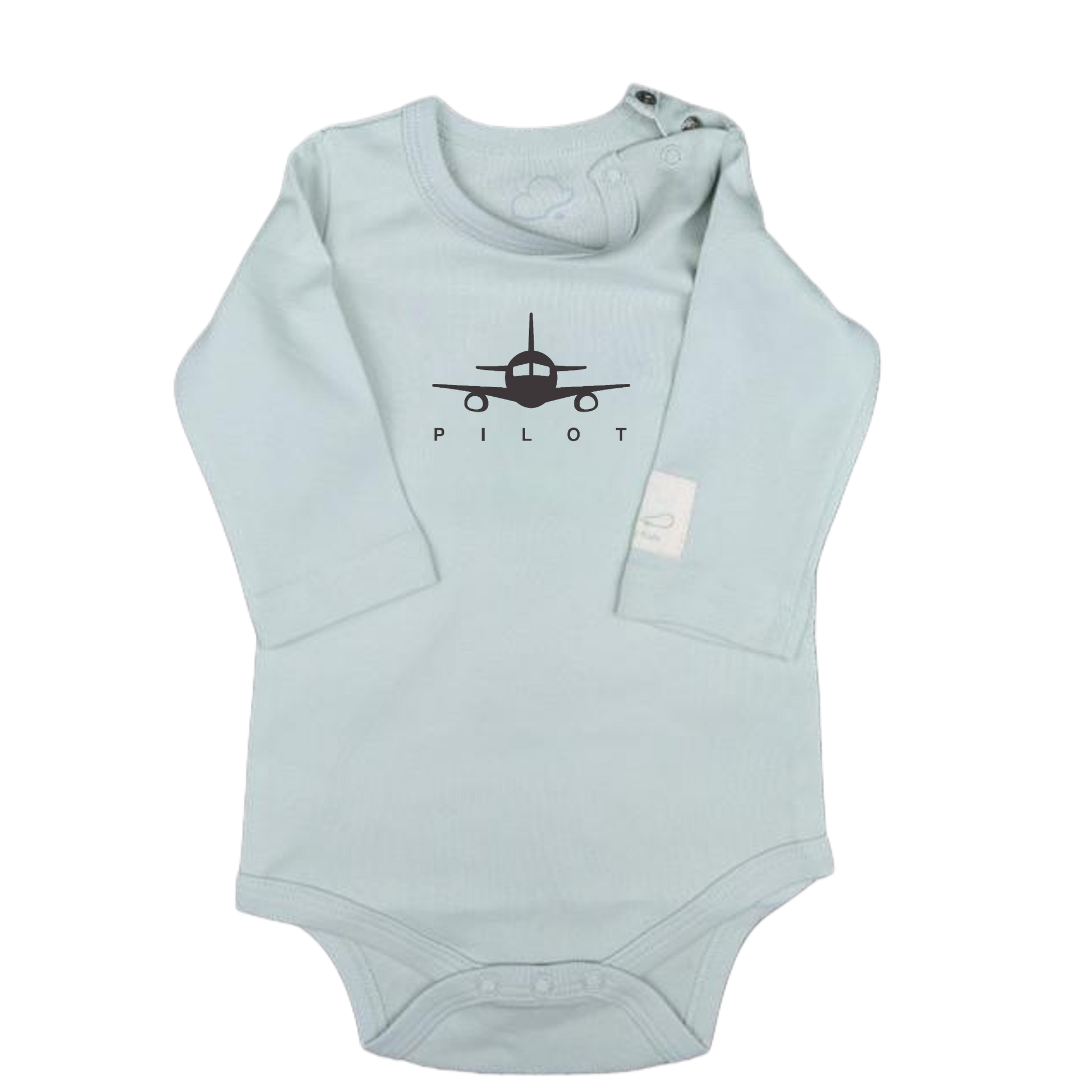 Sage green baby onesie with airplane and 'Pilot'  graphic front view