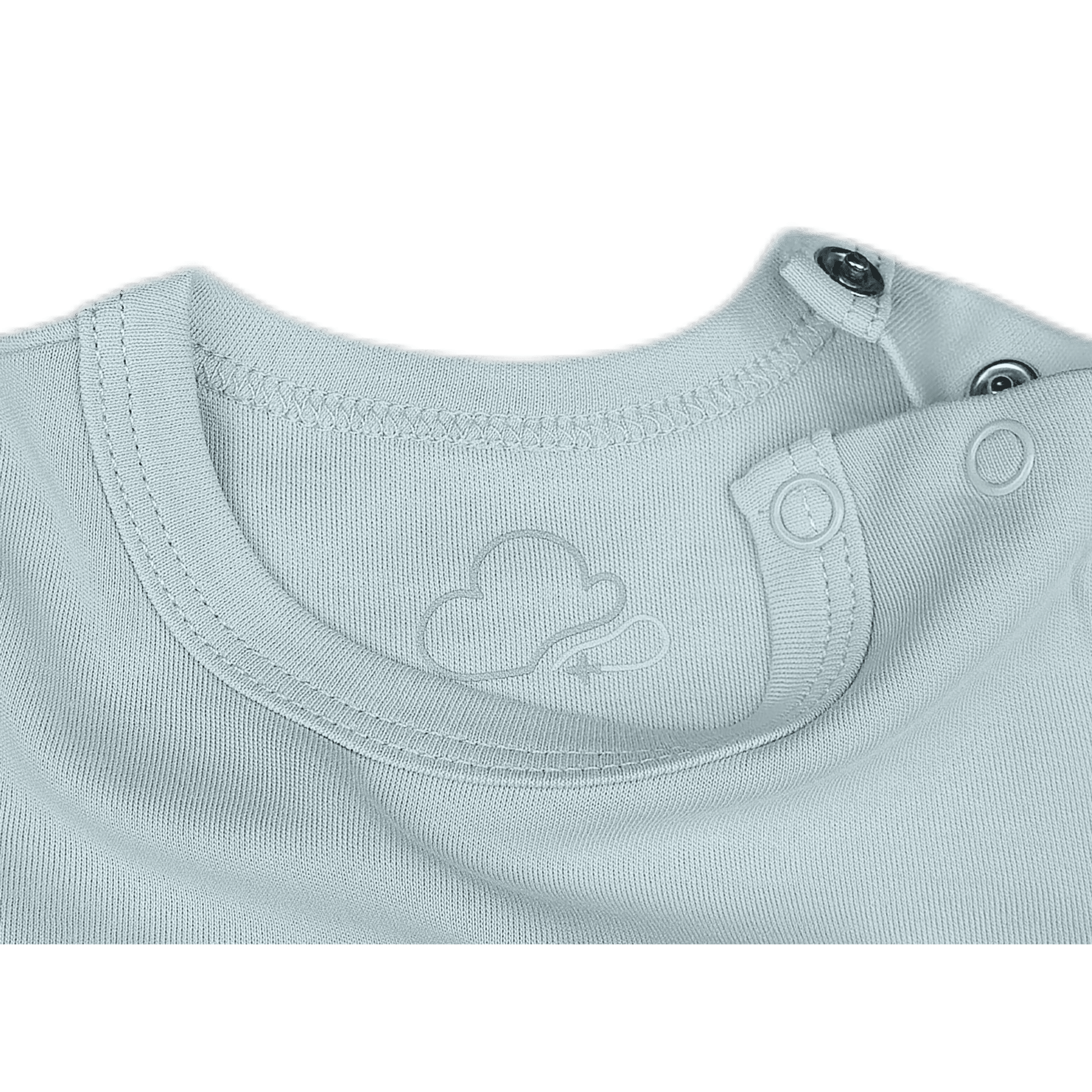 Close-up of a light gray baby outfit with a brand logo on a green background
