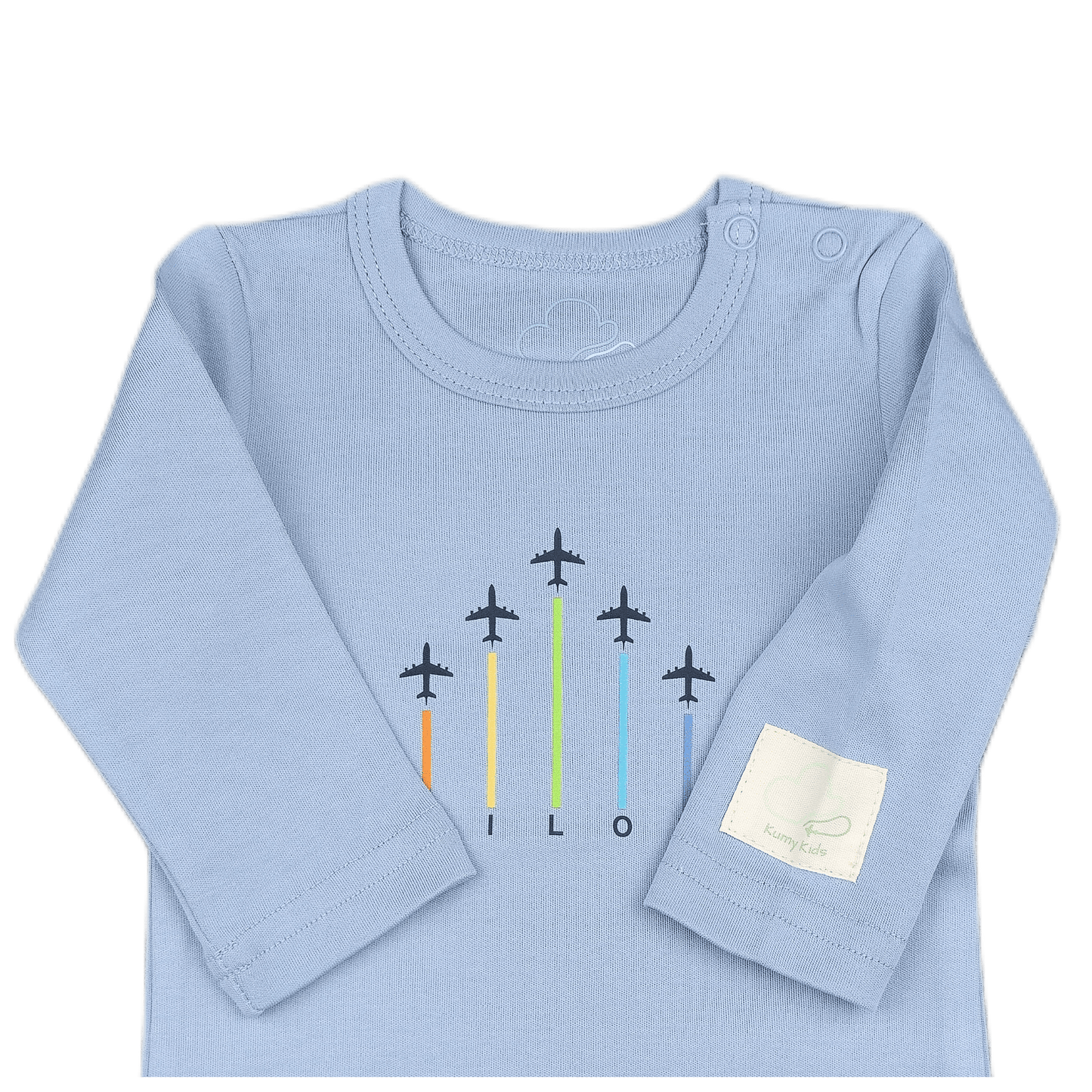 Light blue long-sleeve shirt with airplane design with a cose up on sleeve