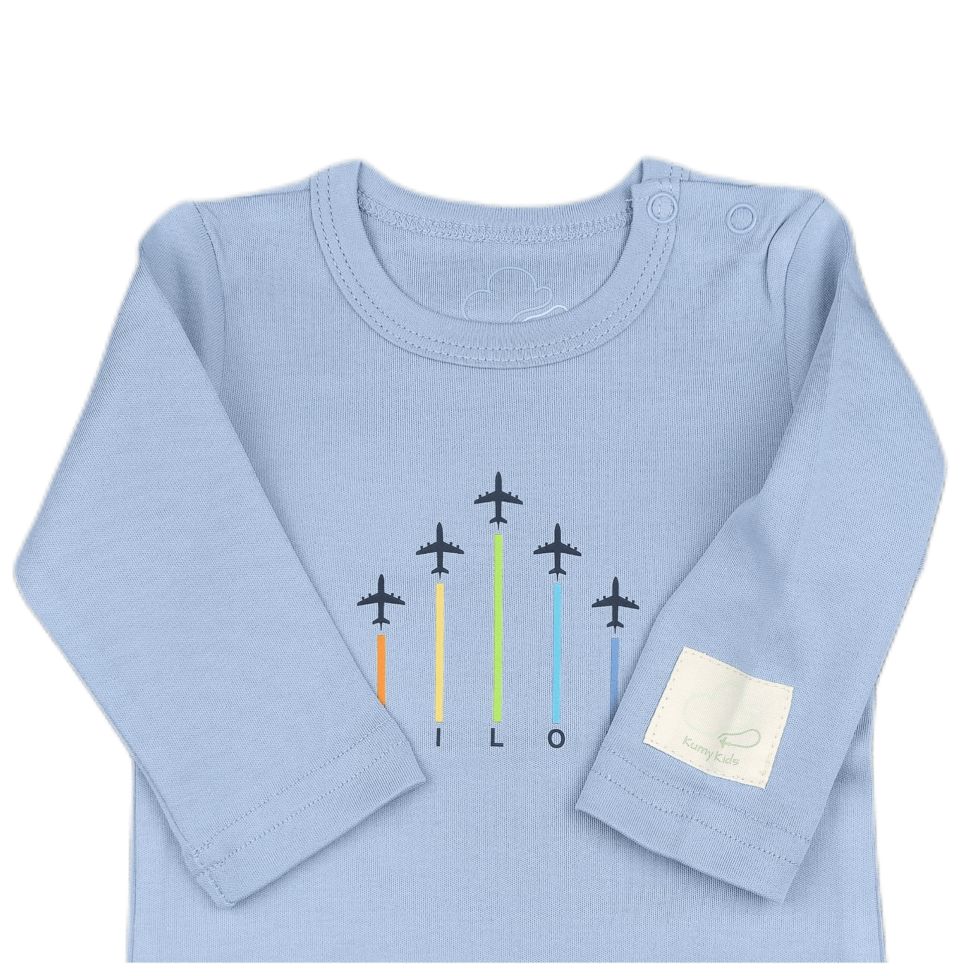 Light blue long-sleeve shirt with airplane design with a cose up on sleeve