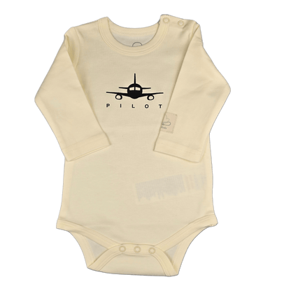 Aviation baby bodysuit, beige long sleeve with pilot print – Kumy Kids