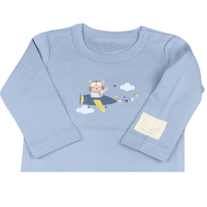 Steel  blue long-sleeve baby onesie with airplane and teddy design