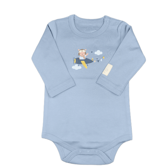 Light blue baby onesie with airplane design showing teddy on an airplane