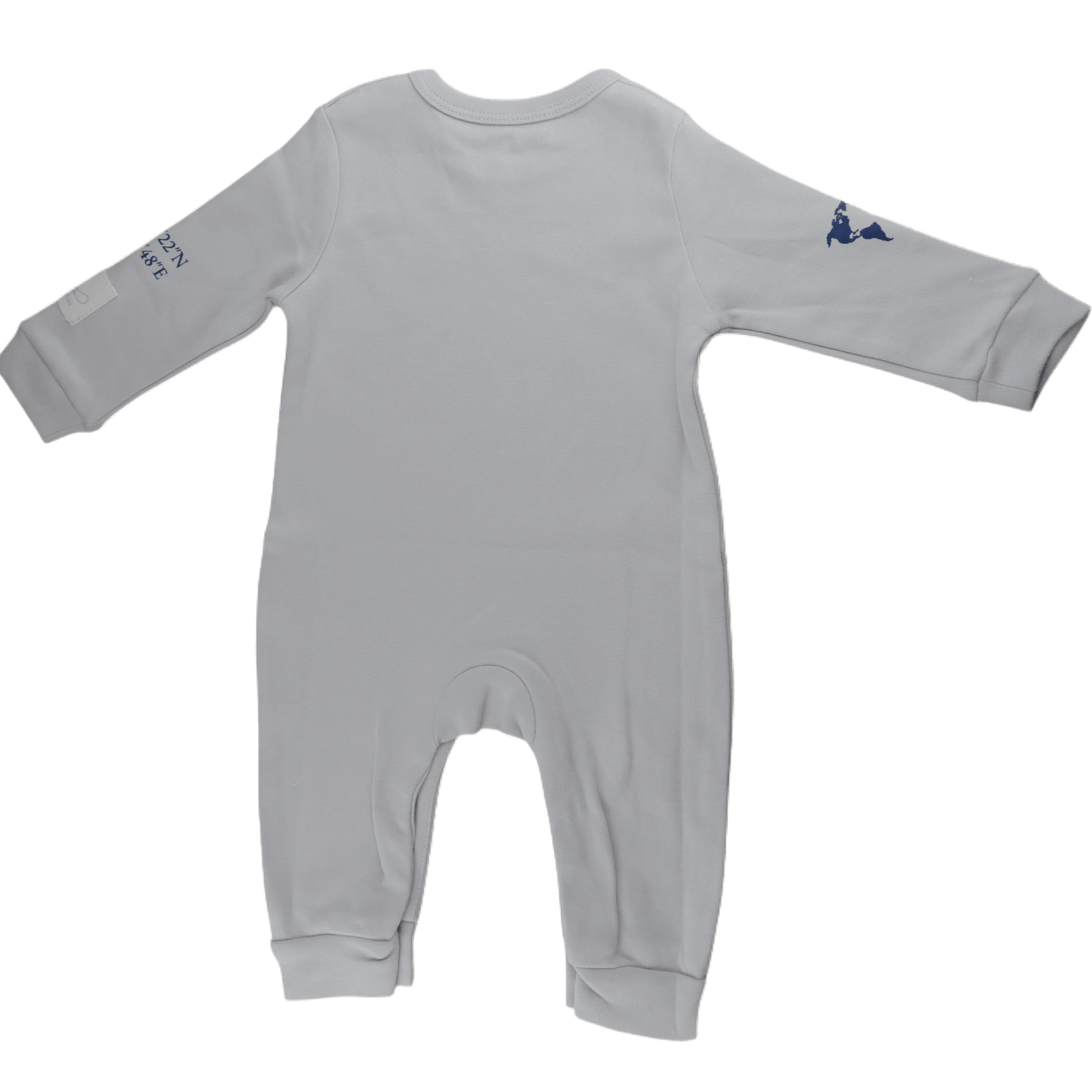 Grey aviation baby romper, back view with snap closure