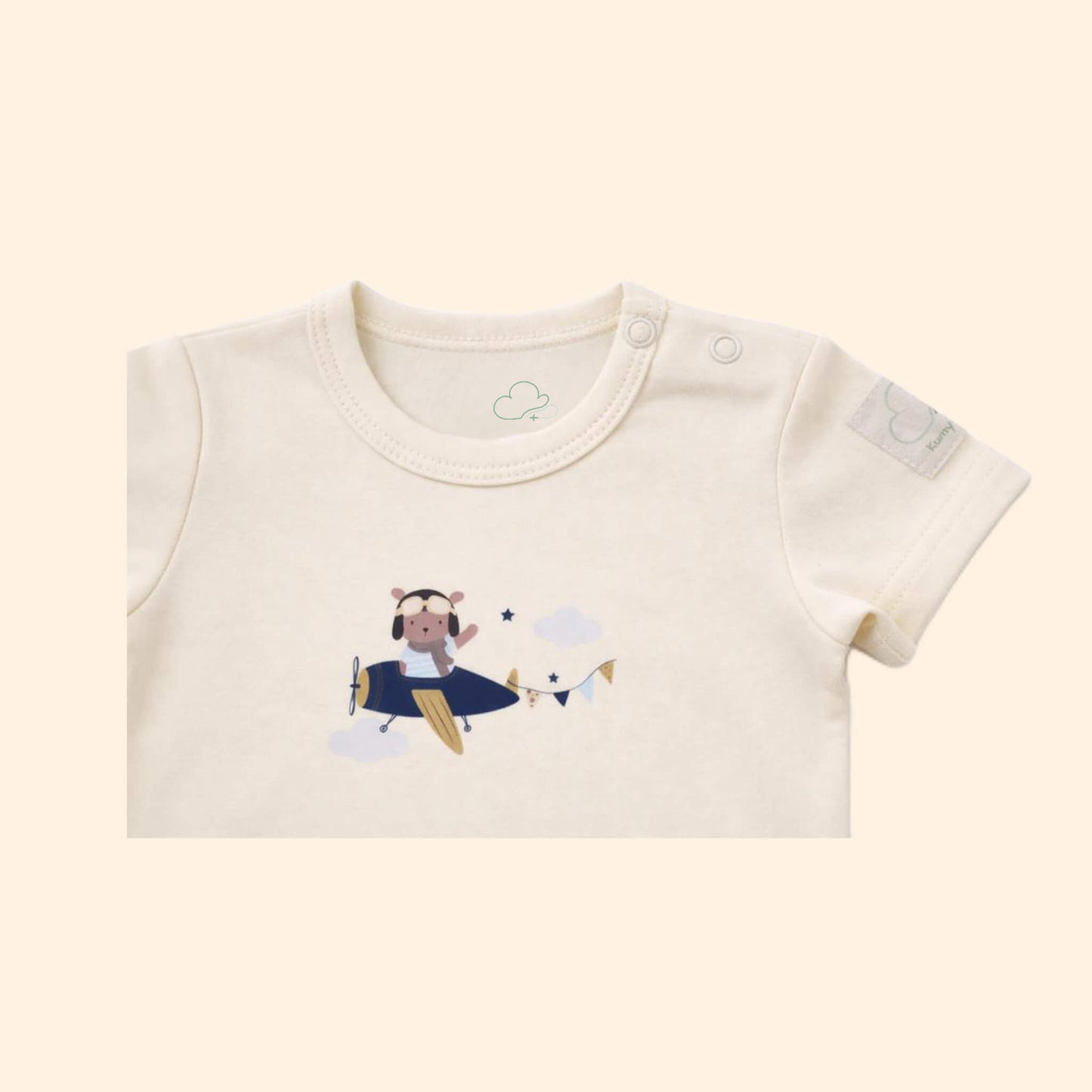 Short Sleeve Beige Baby Onesie with Teddy Pilot Details