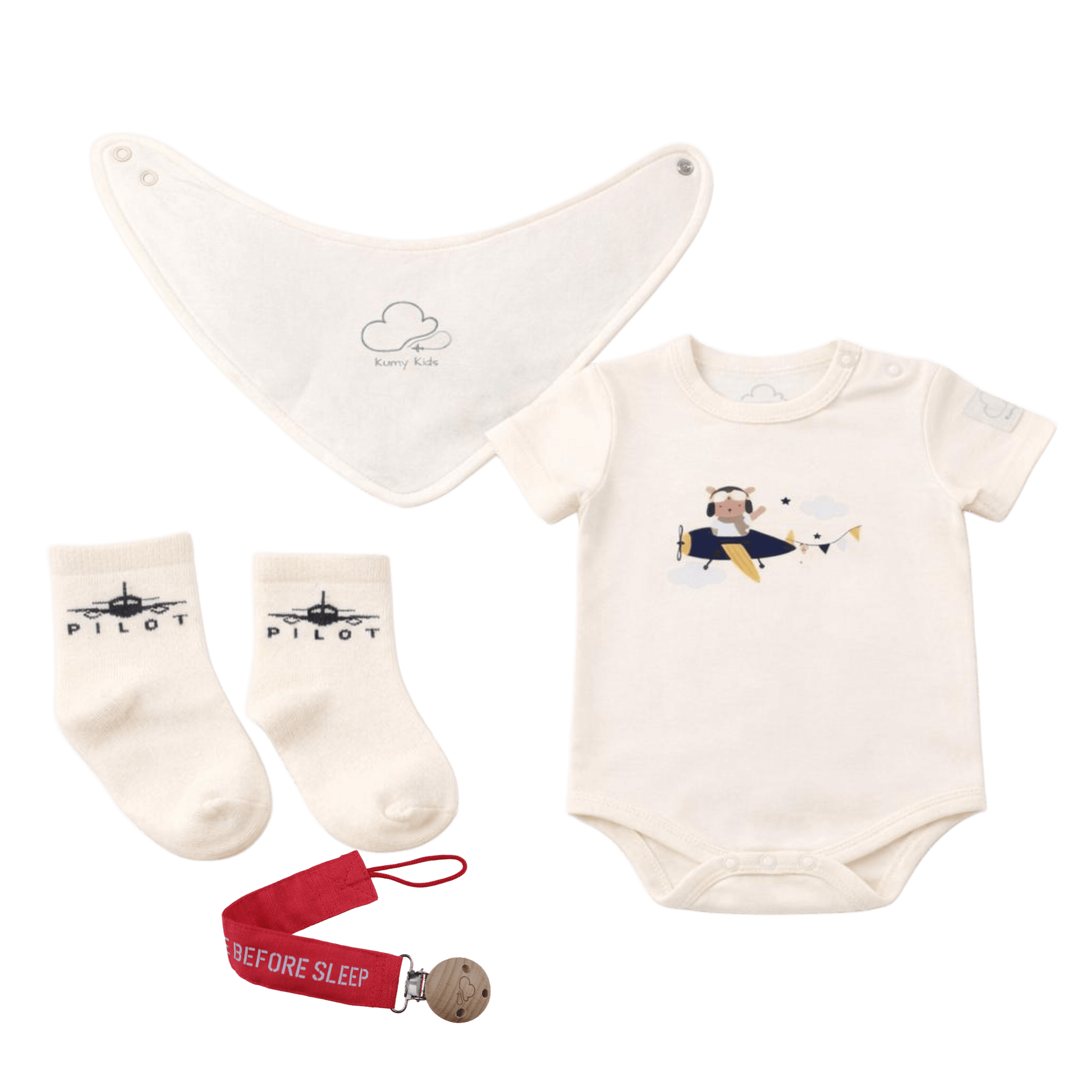 Baby clothing set with onesie, bib, socks, and pacifier clip