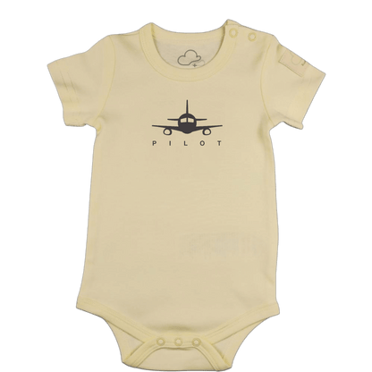 Aviation baby bodysuit, beige short sleeve with pilot print – Kumy Kids