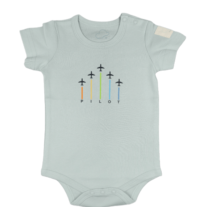 Sage green baby onesie with airplane design showing a front view