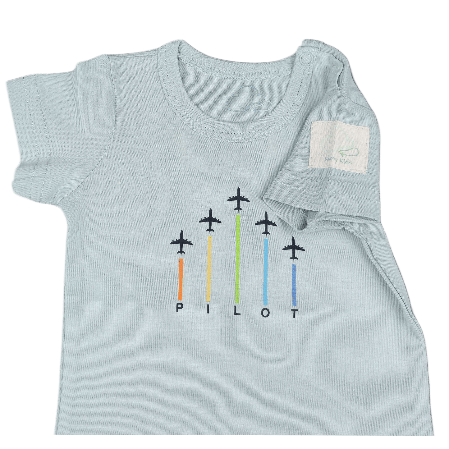 Light blue baby t-shirt with airplane design and 'Pilot' text on a transparent background