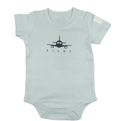 Sage green  baby onesie with airplane design and 'Pilot' graphic front view