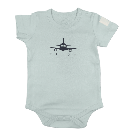 Sage green  baby onesie with airplane design and 'Pilot' graphic front view