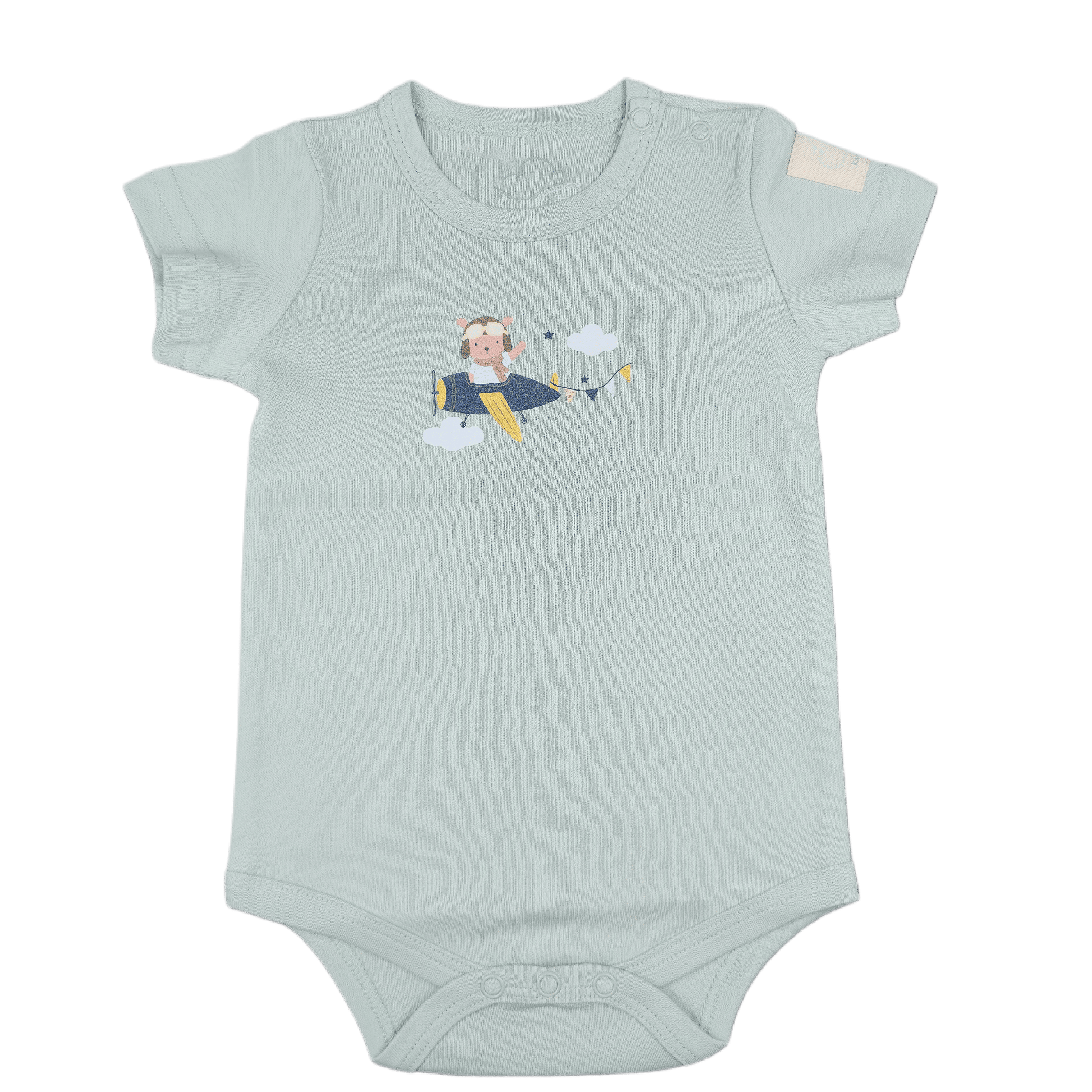 Light blue baby onesie with a graphic design on a green background