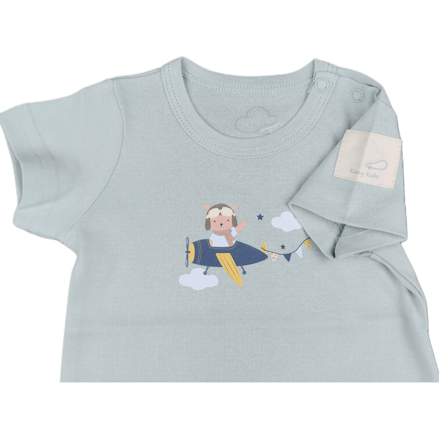 Light blue baby t-shirt with airplane and pilot design on a transparent background