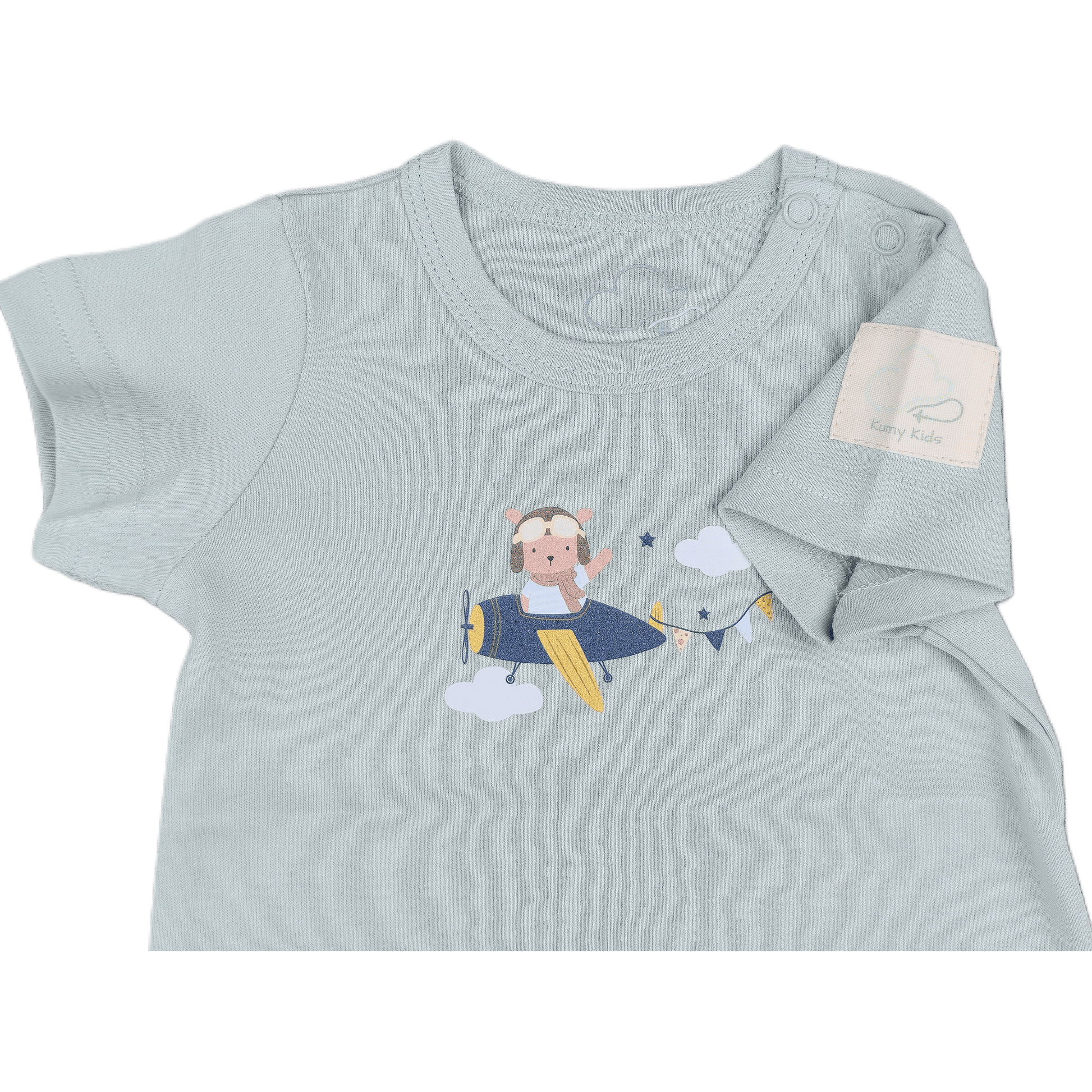 Light blue baby t-shirt with airplane and pilot design on a transparent background