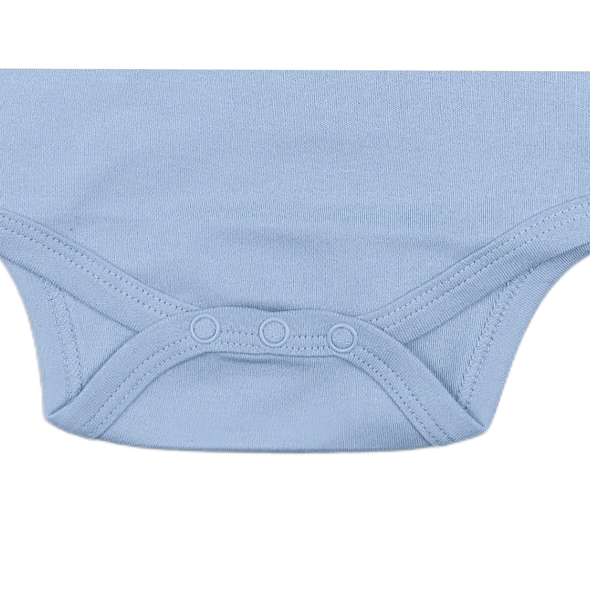 Close-up of a steel blue baby bodysuit  snap buttons