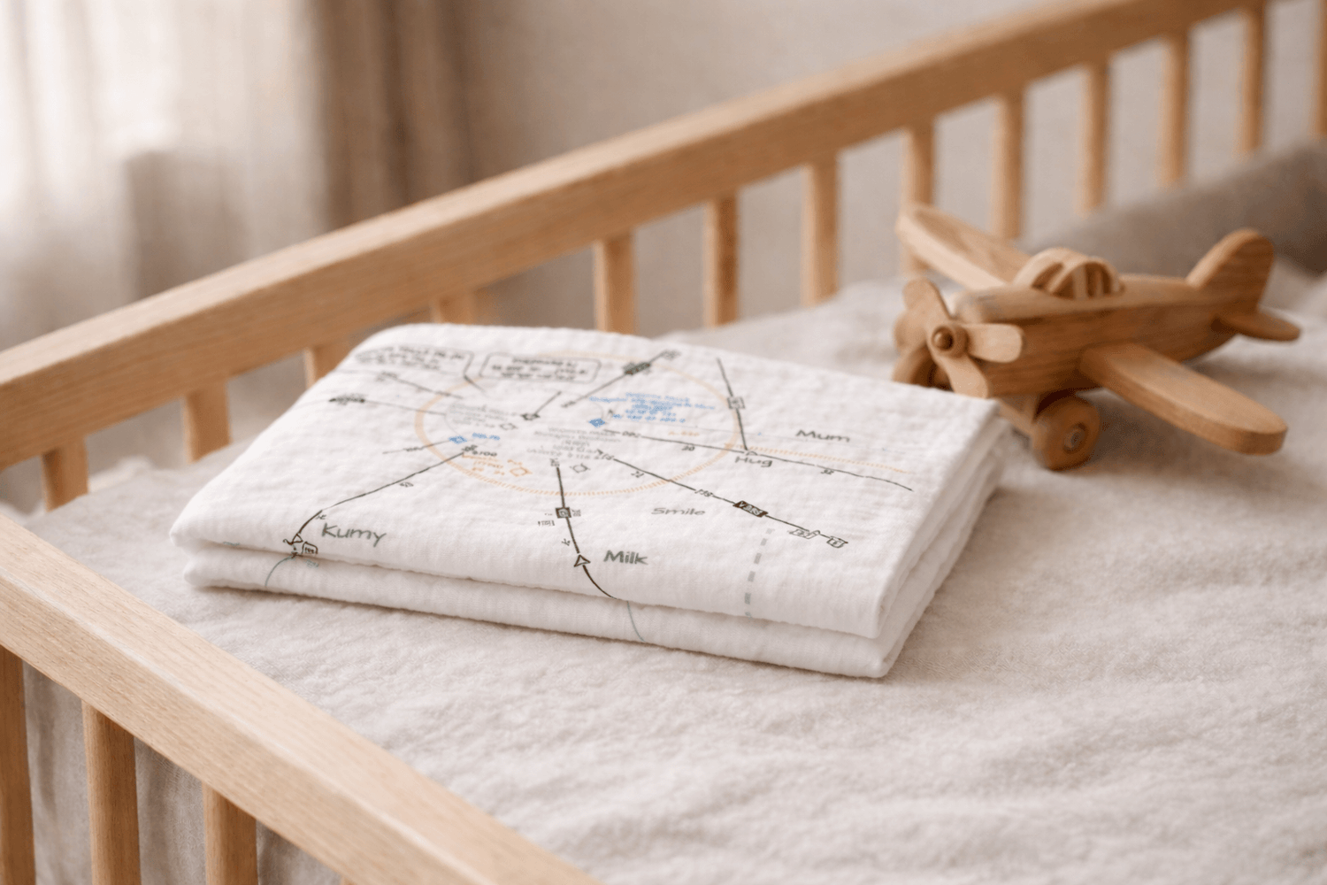 Wooden crib with folded blanket and wooden airplane toy on a White blanket